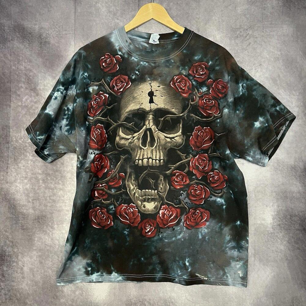 Y2K Shirt Men's XL Black Skull‎ Roses AOP
